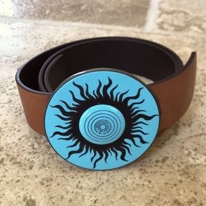 Valentino Belt; Size 28; Dark Brown Leather; Sunburst design in Turquoise